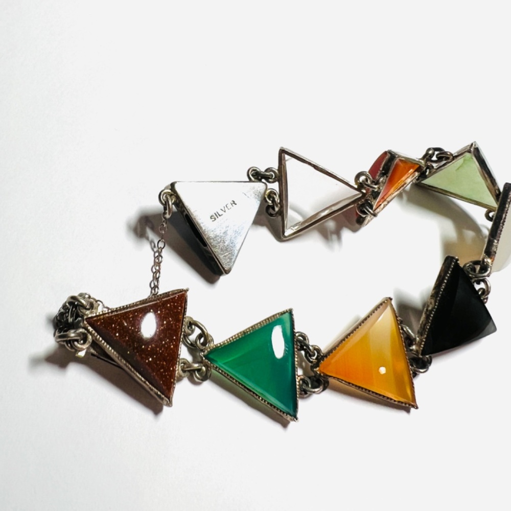 Vintage Midcentury Bracelet - Triangle Faceted Semi Precious Stones - Silver - Picture 6 of 11